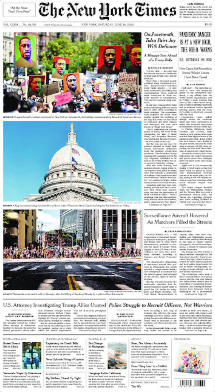 Tapas de diarios, The New York Times de EE.UU., sábado 20 de junio de 2020