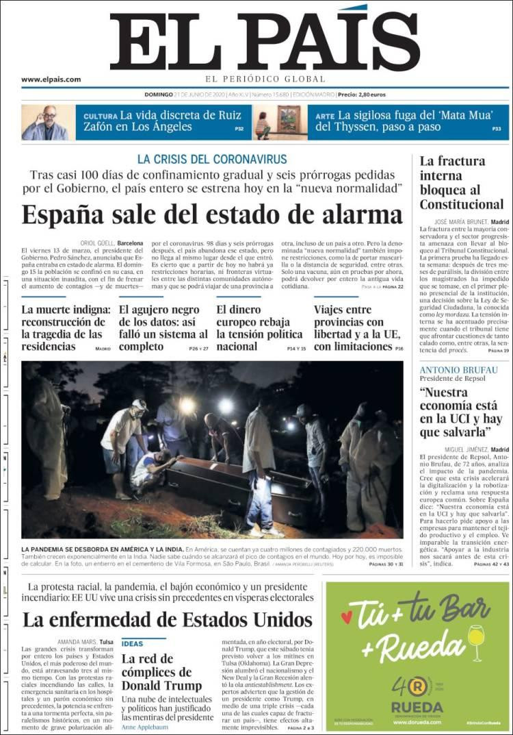 Tapas de diarios, El Pais de España, domingo 21 de junio de 2020