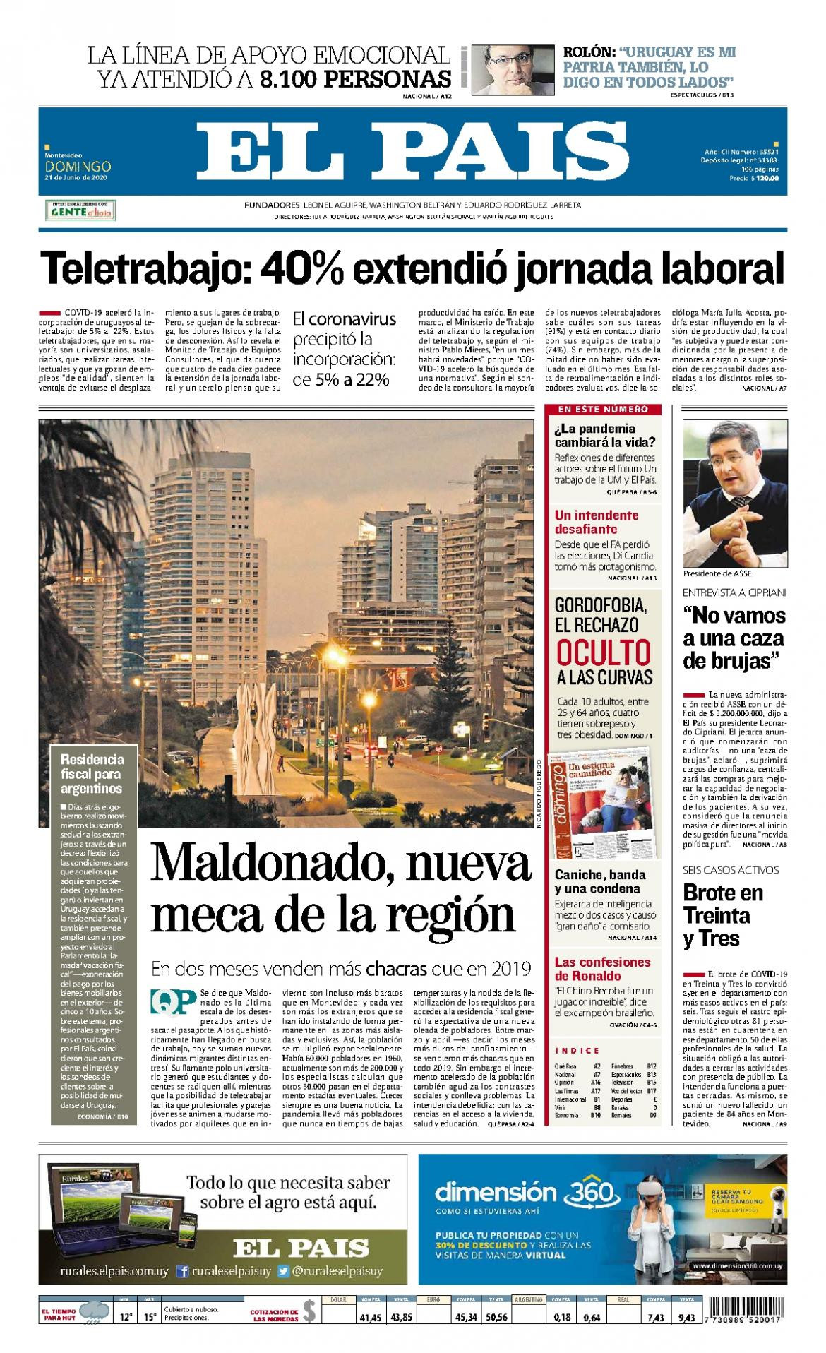 Tapas de diarios, El Pais de Uruguay, domingo 21 de junio de 2020