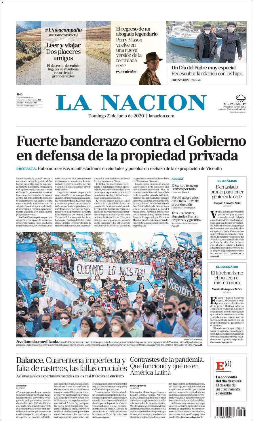 Tapas de diarios, La Nacion, domingo 21 de junio de 2020