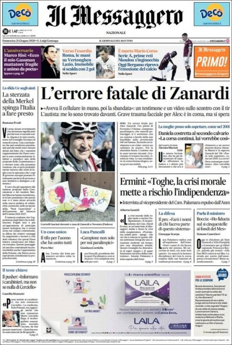 Tapas de diarios, Il Messaggero de Italia, domingo 21 de junio de 2020