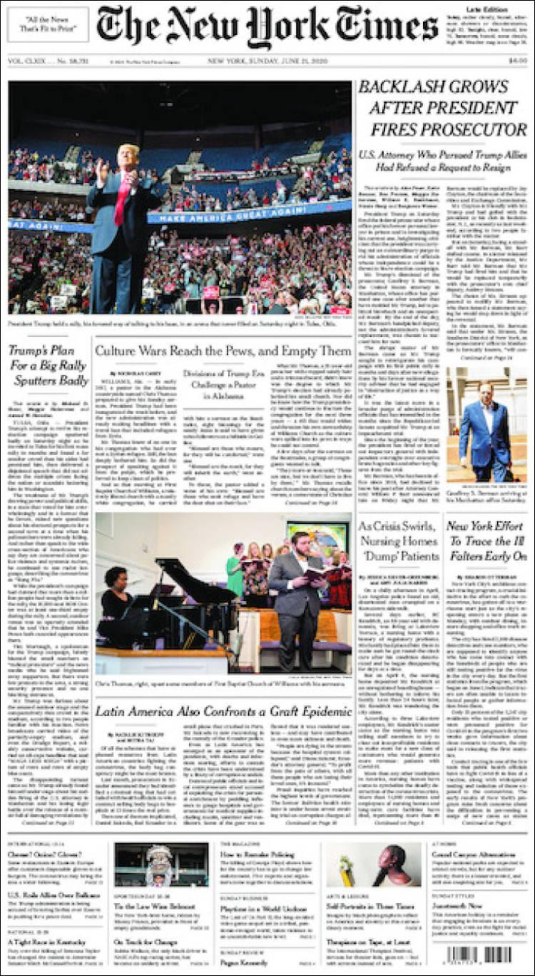 Tapas de diarios, The New York Times de EE.UU., domingo 21 de junio de 2020