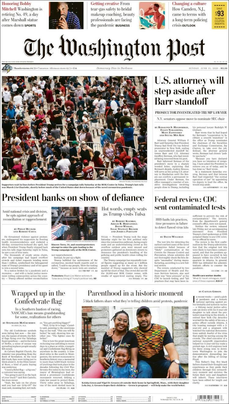 Tapas de diarios, The Washington Post, domingo 21 de junio de 2020