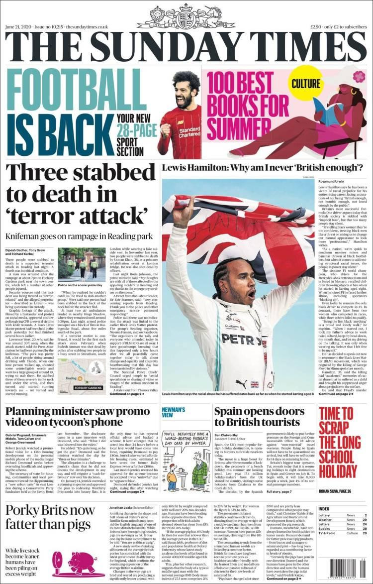 Tapas de diarios, The Times de Gran Bretaña, domingo 21 de junio de 2020