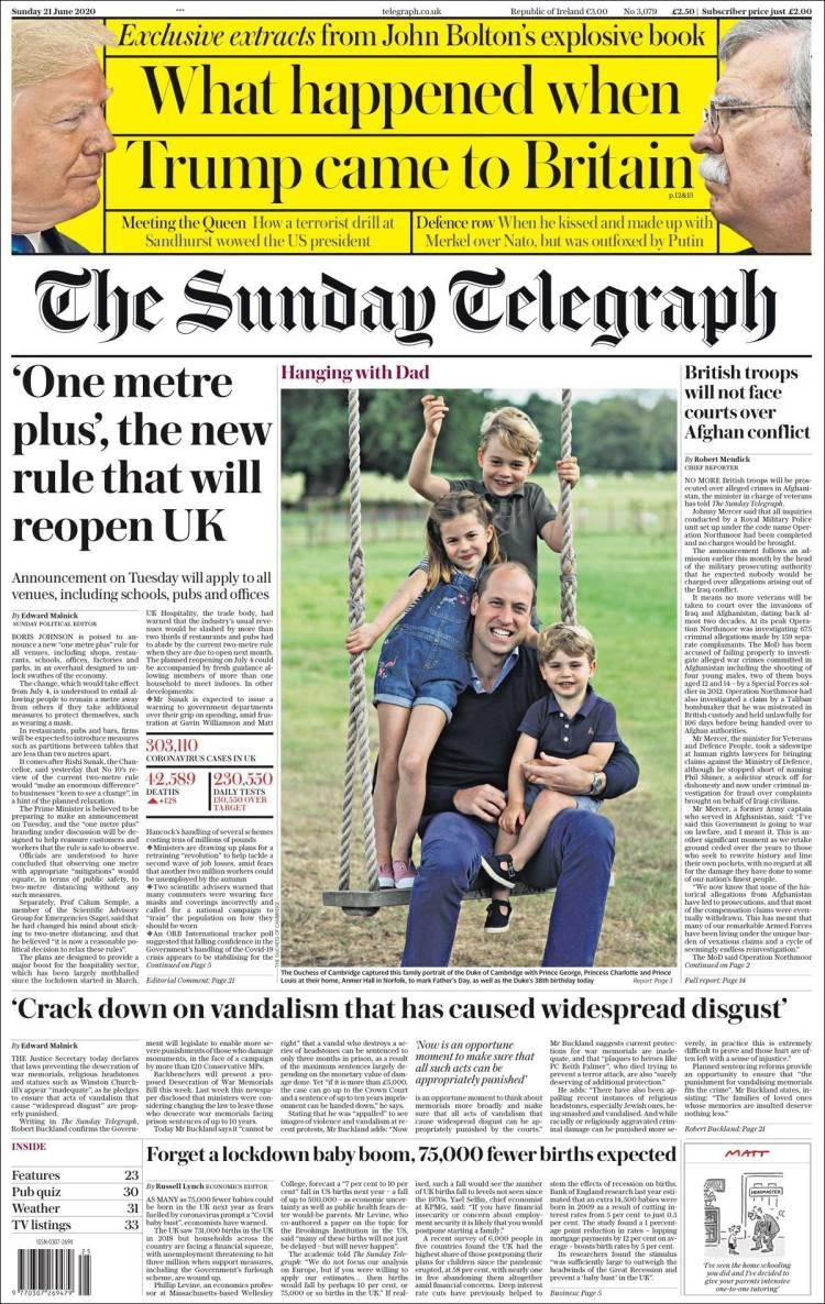 Tapas de diarios, The Daily Telegraph de Gran Bretaña, domingo 21 de junio de 2020