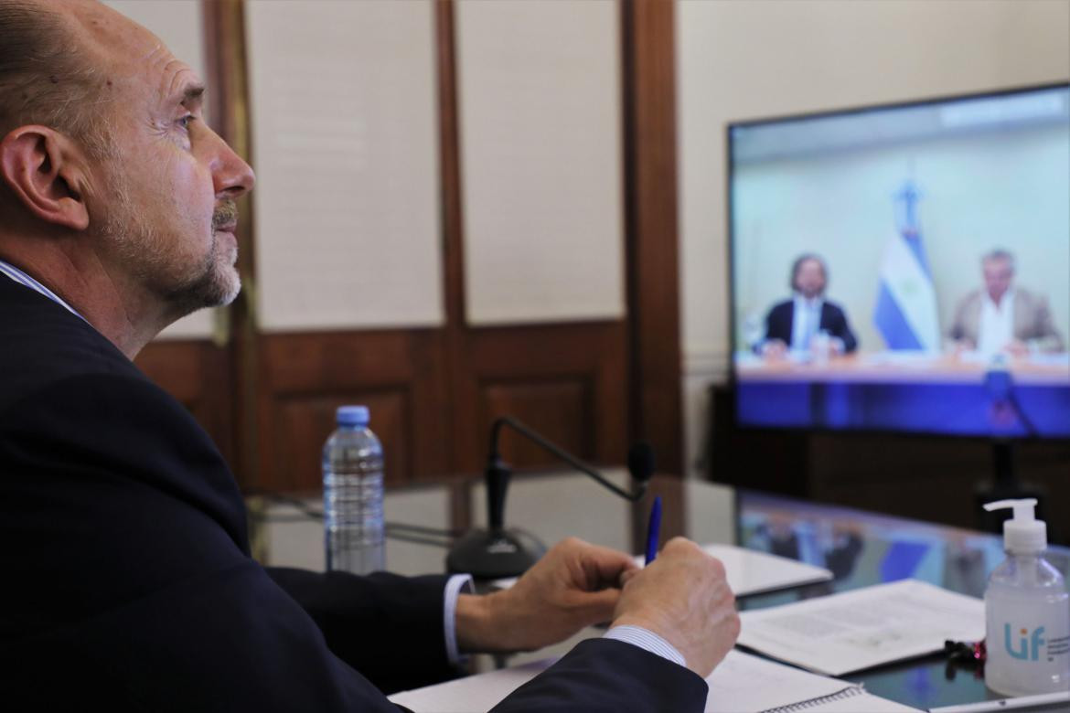 Omar Perotti en videoconferencia con Alberto Fernández, AGENCIA NA