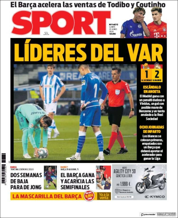 Tapas de diarios, Sport de España, lunes 22 de junio de 2020