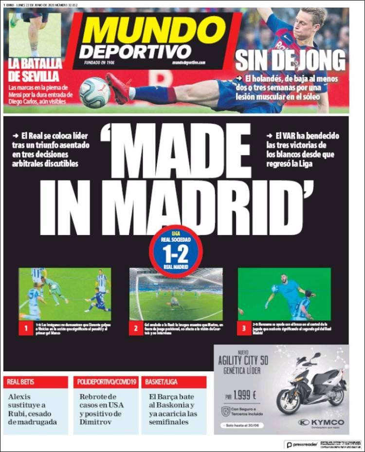Tapas de diarios, Mundo Deportivo de España, lunes 22 de junio de 2020