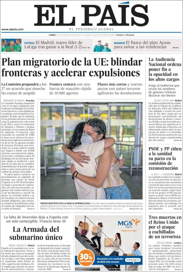 Tapas de diarios, El Pais de España, lunes 22 de junio de 2020