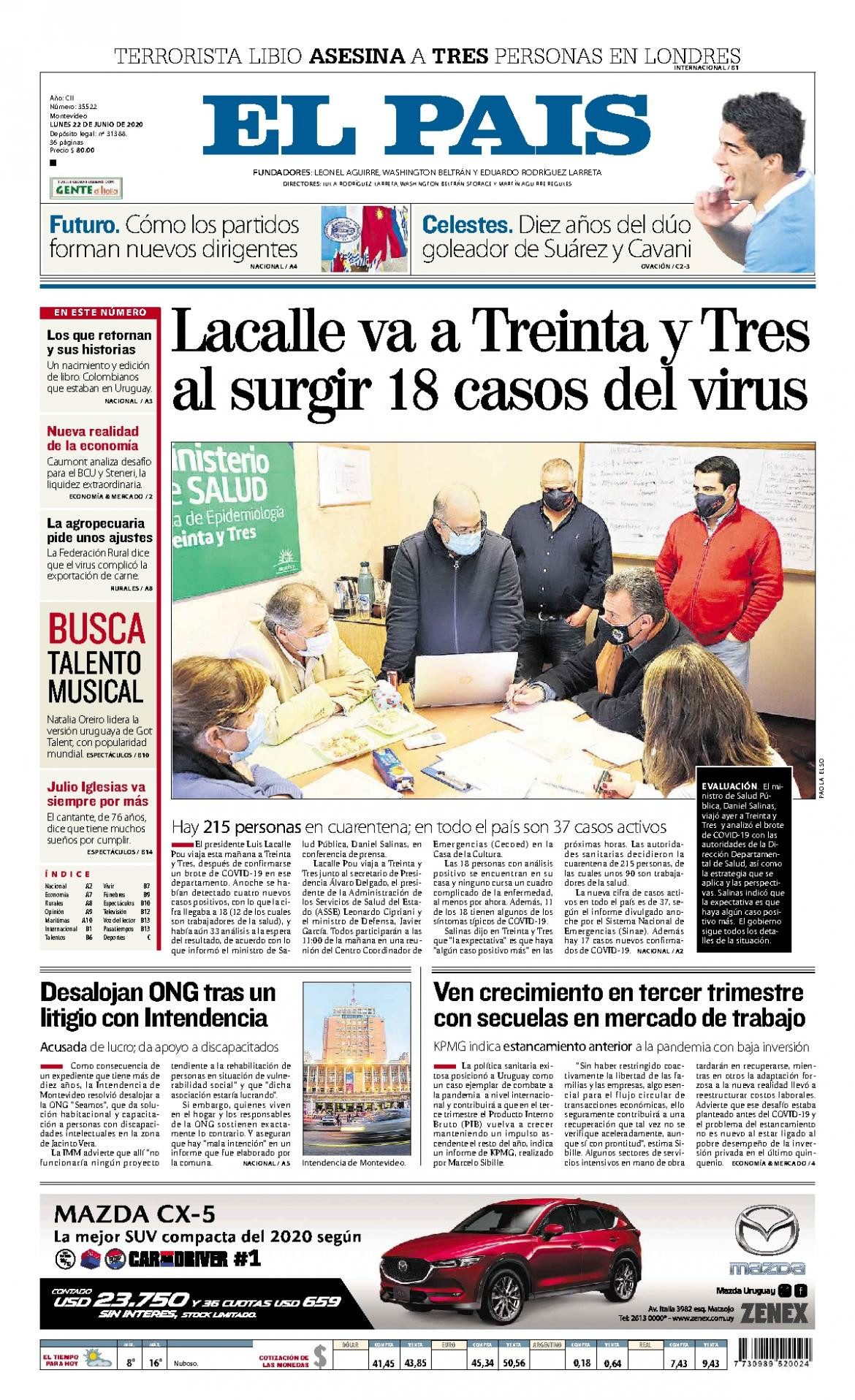 Tapas de diarios, El Pais de Uruguay, lunes 22 de junio de 2020