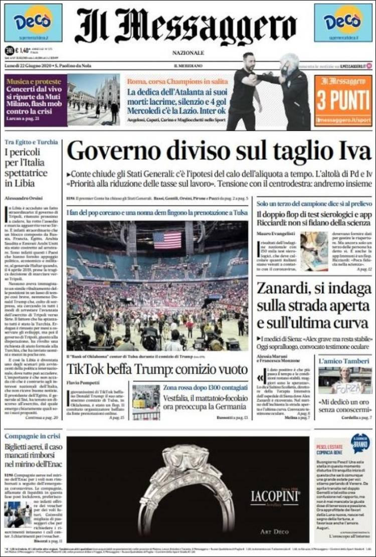 Tapas de diarios, Il Messaggero de Italia, lunes 22 de junio de 2020