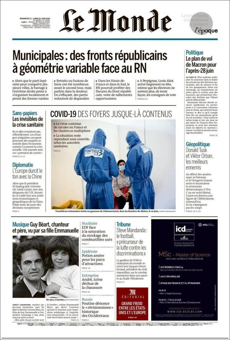 Tapas de diarios, Le Monde de Francia, lunes 22 de junio de 2020