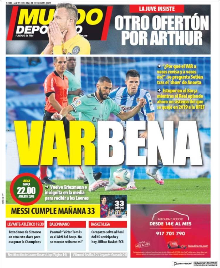 Tapas de diarios, Mundo Deportivo de España, martes 23 de junio de 2020