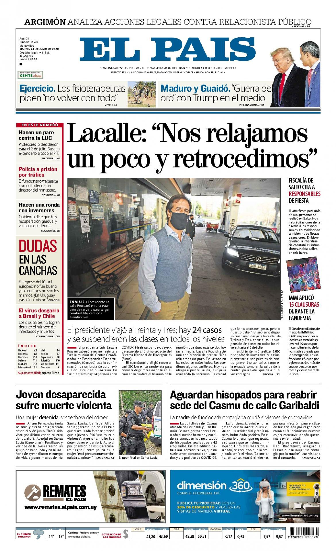 Tapas de diarios, El Pais de Uruguay, martes 23 de junio de 2020