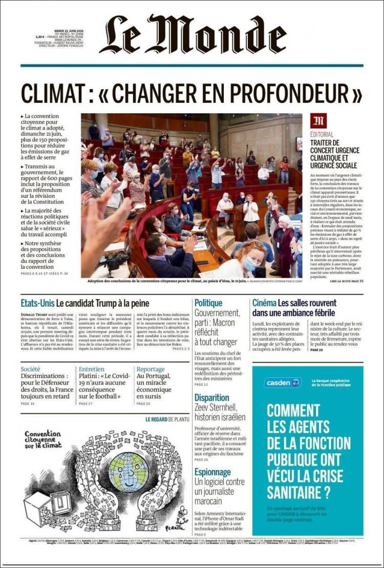 Tapas de diarios, Le Monde de Francia, martes 23 de junio de 2020