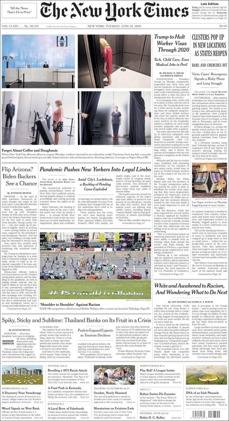 Tapas de diarios, The New York Times de EE.UU., martes 23 de junio de 2020