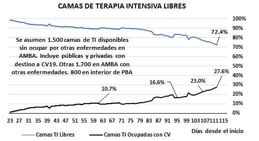 Gráficos sobre impacto de coronavirus en Argentina, camas de terapia intensiva libres