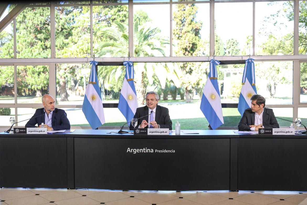 Rodríguez Larreta, Alberto Fernández, Axel Kicillof, anuncio 26 de junio de 2020, coronavirus en Argentina, cuarenena, Presidencia - NA