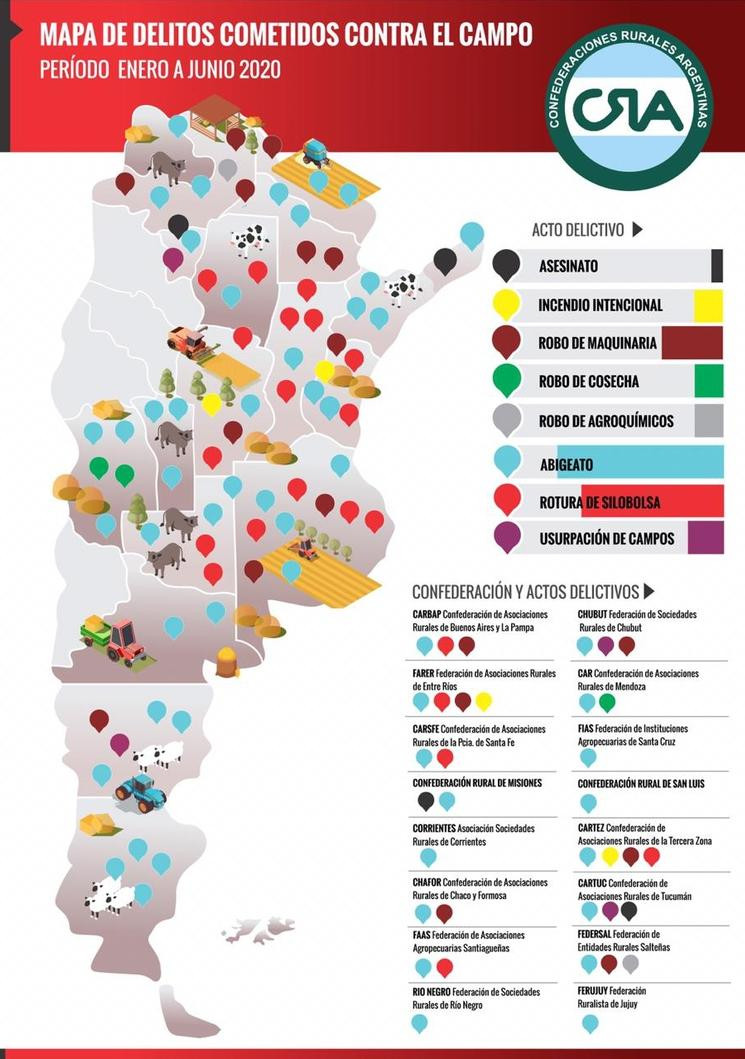 Rotura de silobolsas, mapa de delitos rurales elaborado por Confederaciones Rurales Argentinas