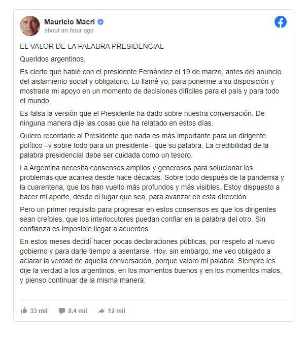 Mauricio Macri, mensaje en Facebook