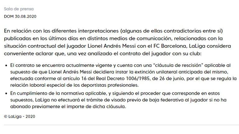 Comunicado de la Liga española a favor del Barcelona en conflicto contractual con Lionel Messi	