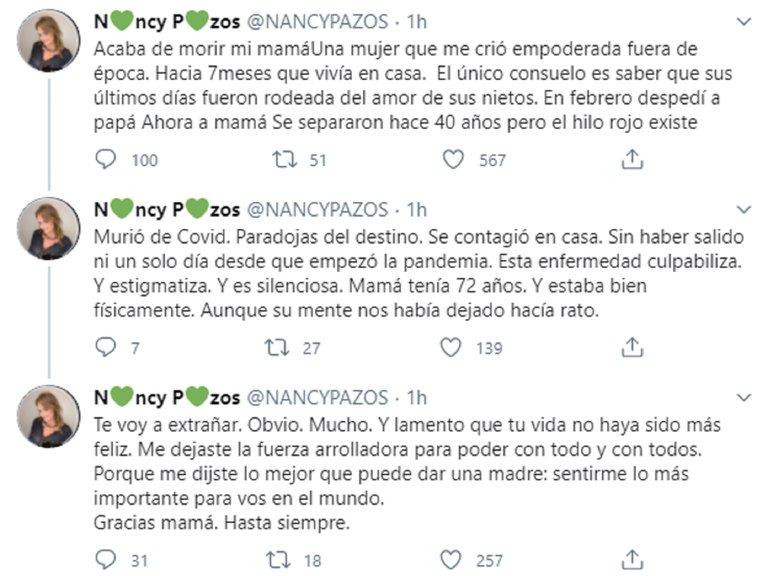 Nancy Pasos, mensajes por muerte de su madre, Twitter