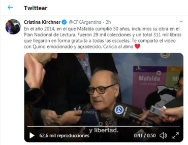 Cristina Kirchner recordó la emoción de Quino en aniversario de Mafalda: 