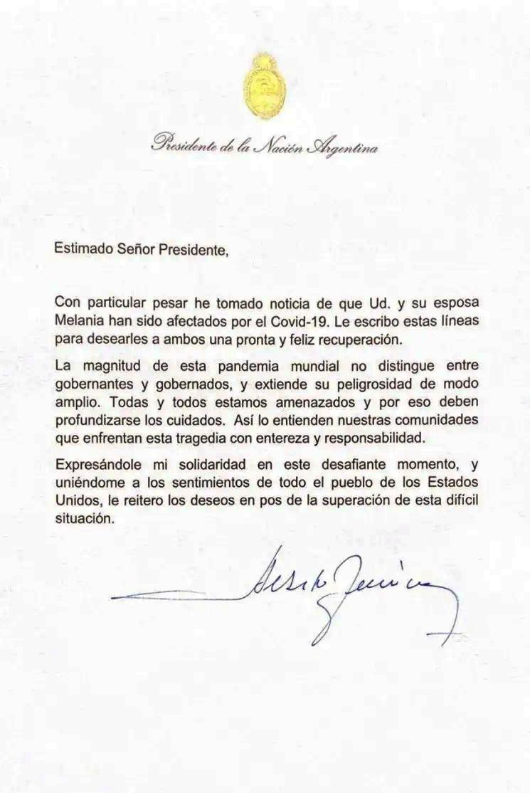 Alberto Fernández envió una carta a Trump, coronavirus