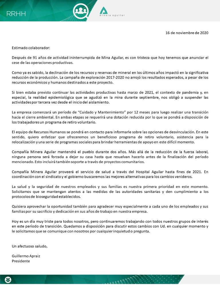 Minera Aguilar carta a sus empleados