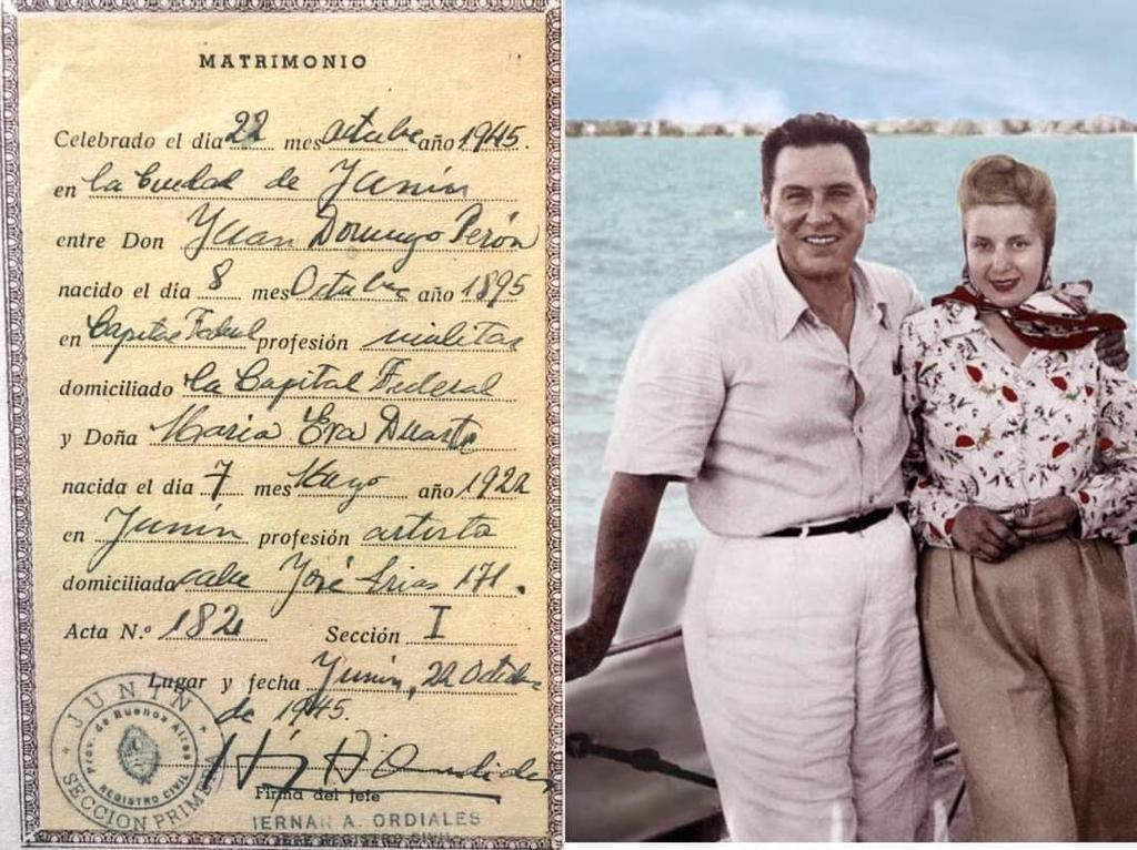 Juan Domingo Perón y Eva Duarte de Perón, Evita, acta de matrimonio