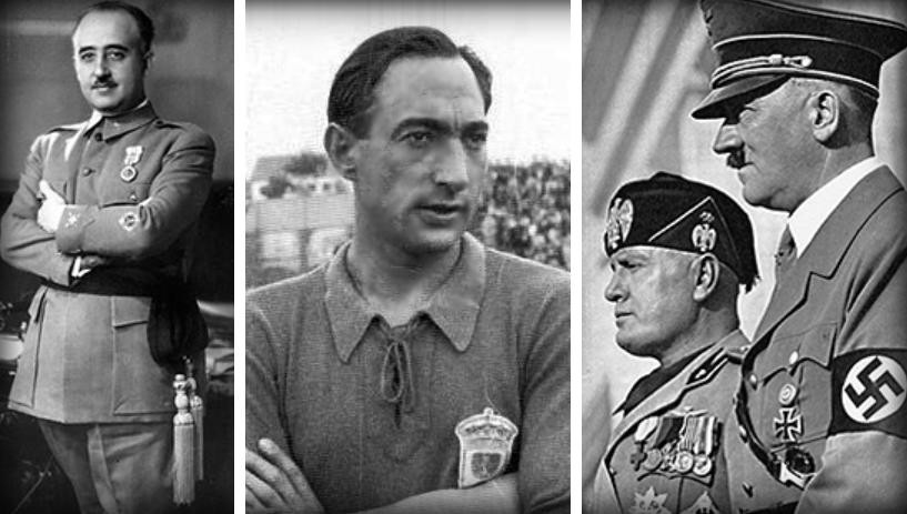 Francisco Franco, Isidro Lángara, Benito Mussolini y Adolf Hitler.	