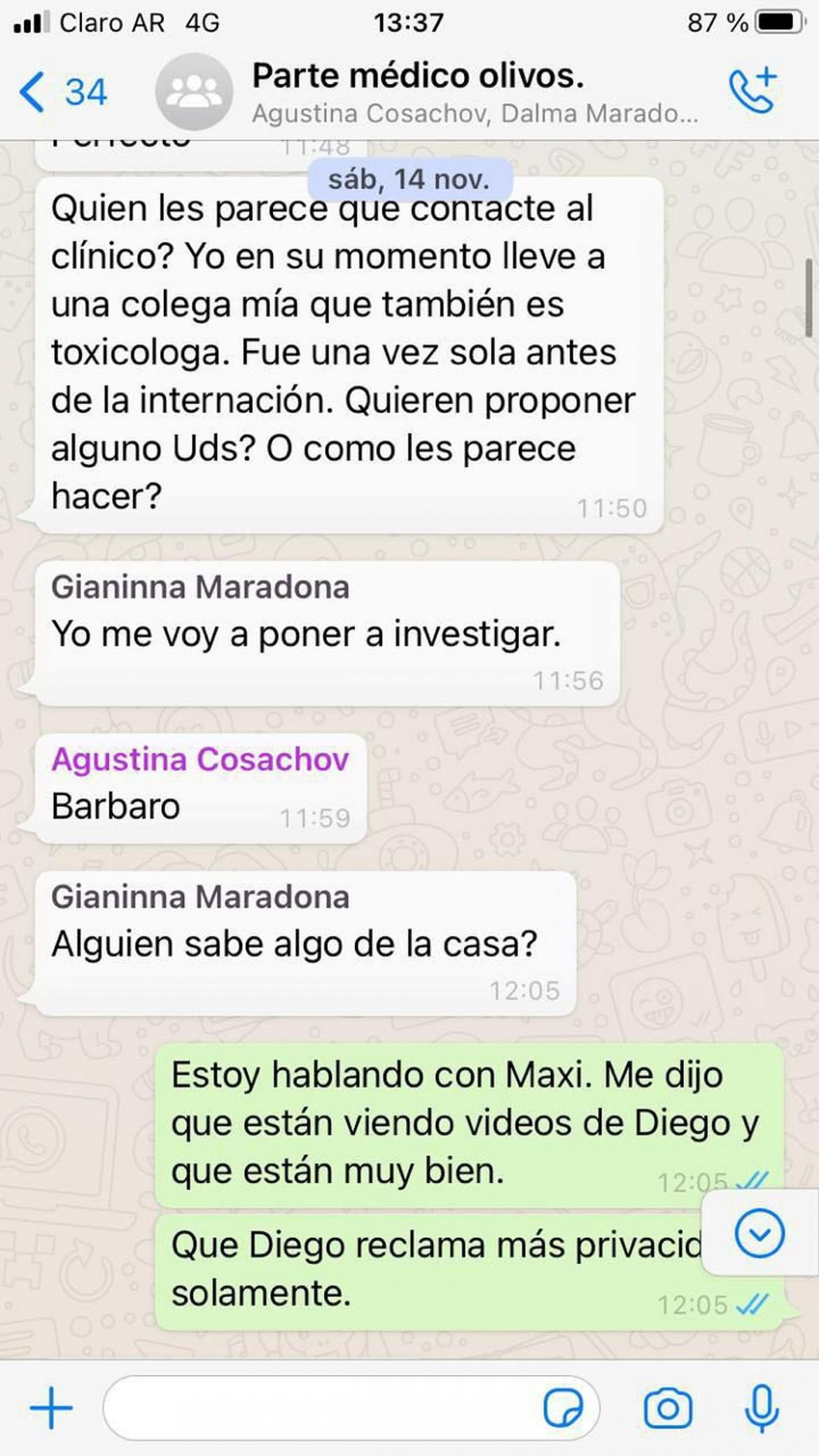 Chats familia Maradona y grupo médico.