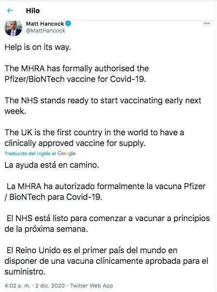 Vacuna de Pizer, ministro de Salud del Reino Unido, Matt Hancock, confirmó a través de sus redes sociales que la semana que viene comenzará la vacunación