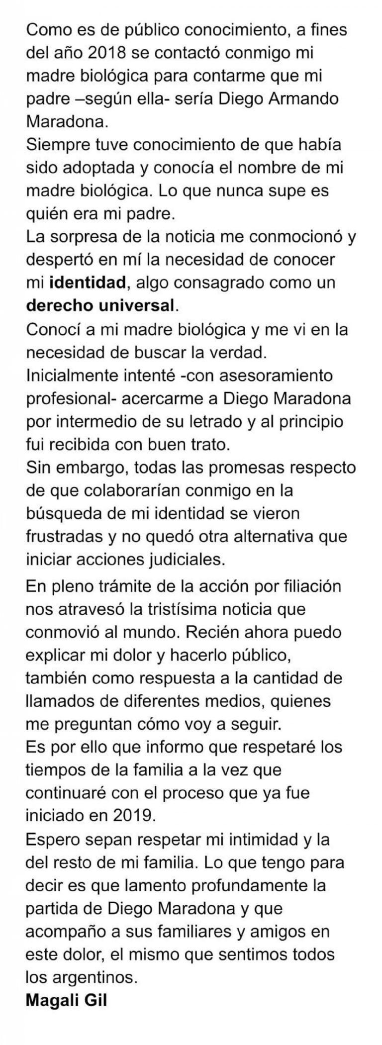 Comunicado de Magalí Gil la supuesta hija de Maradona
