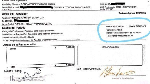 Victoria Donda, INADI, Gobierno, recibo de sueldo de exempleada, NA	
