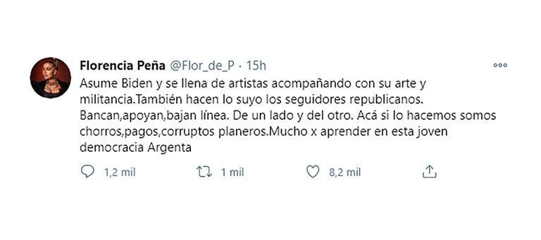 Tuit de Florencia Peña sobre artistas en asunción de Biden