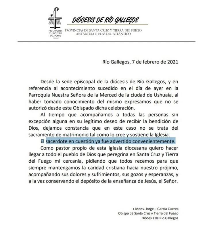 Comunicado de la diócesis de Río Gallegos por el casamiento trans