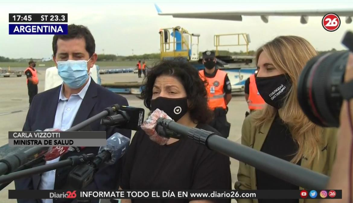 Carla Vizzotti, ministra de Salud de la Nación, Ministerio de Salud, llegada de vacunas contra coronavirus, Canal 26