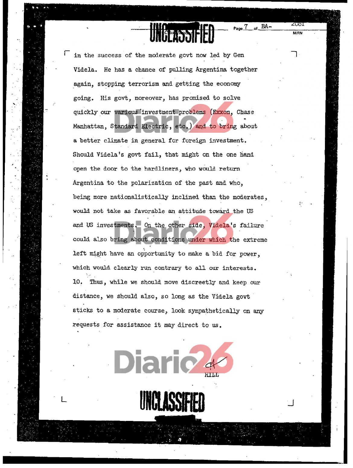 24 de marzo de 1976, golpe militar, dictadura militar en Argentina, documentos de Estados Unidos, Videla