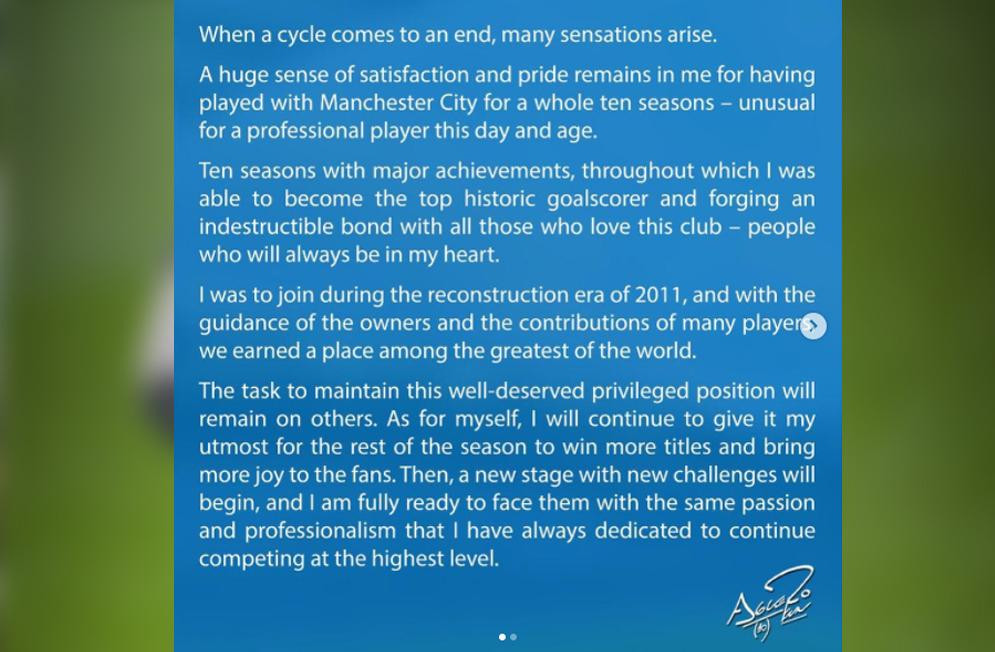 Sergio Kun Aguero, Manchester City, despedida en redes sociales	
