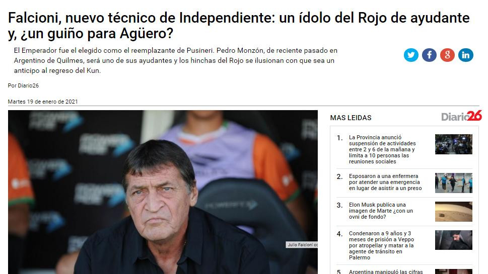 Anticipo de Diario 26 sobre la posibilidad de Aguero de volver a Independiente