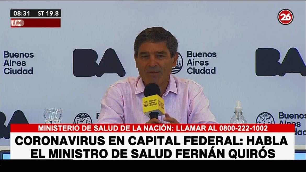Fernán Quirós, ministerio de salud porteño, coronavirus en La Ciudad, captura de video Canal 26