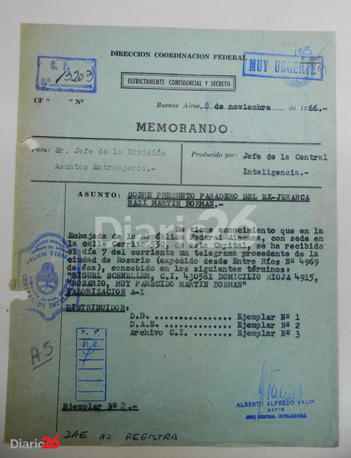 Memorando de la Dirección Coordinación Federal por posible ubicación de Martin Bormann o un hombre muy parecido en la provincia de Entre Ríos. 8 de noviembre de 1966