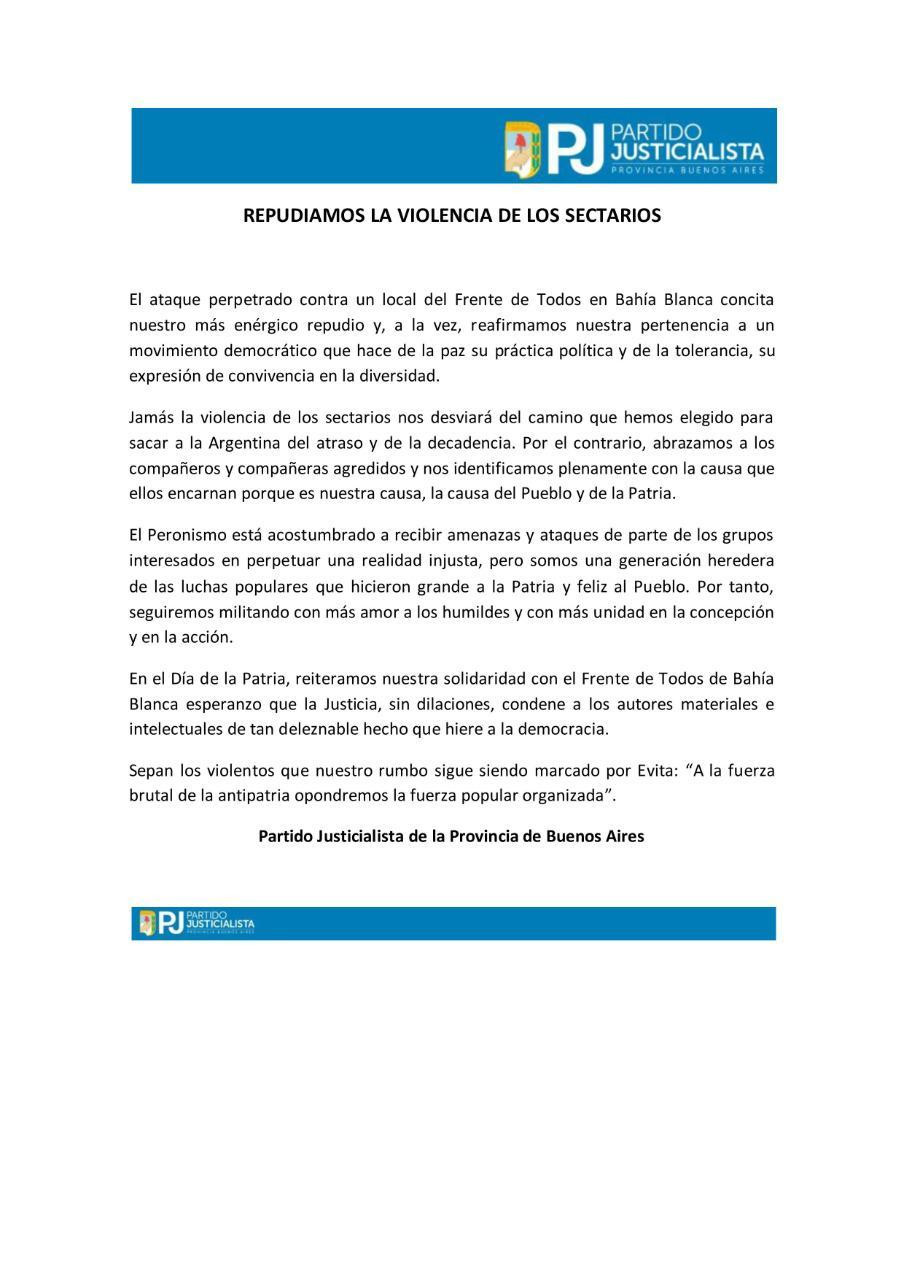 Mensaje del PJ Bonaerense por el ataque a la sede del Frente de Todos en Bahia Blanca