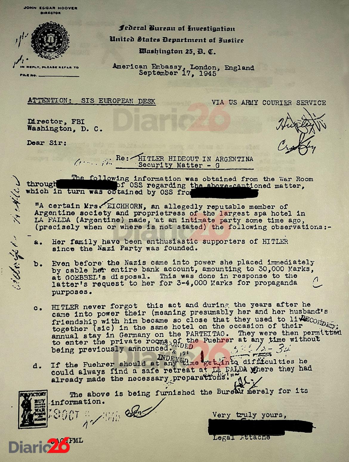 Adolf Hitler en el Edén Hotel de Córdoba, documento del FBI que anticipó su llegada, Ida Eichhorn