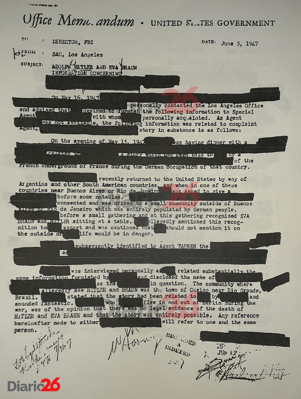 Adolf Hitler en Brasil, Hotel Atlántico, Cassino, documento desclasificado del FBI de 1947 - 01