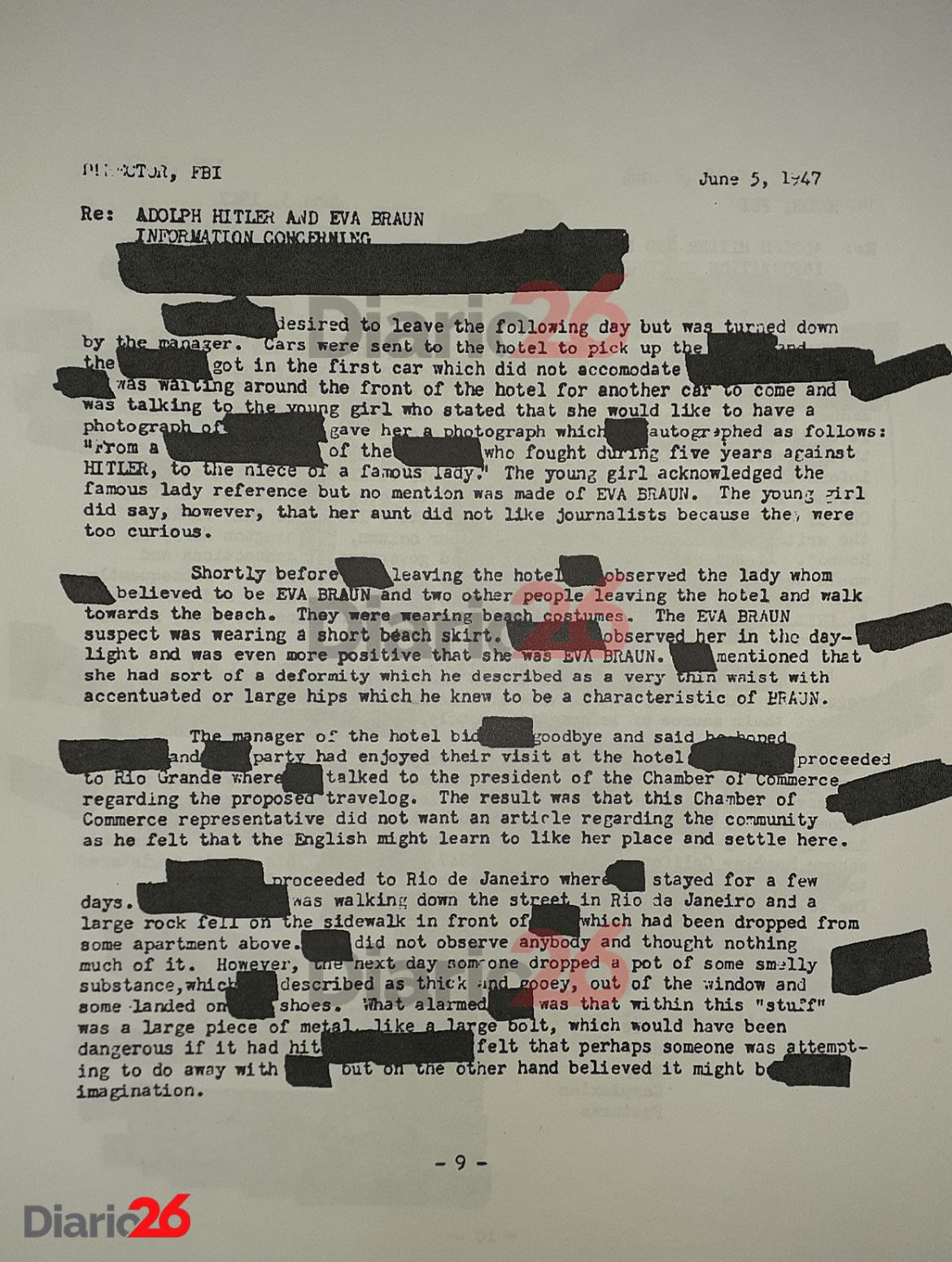 Adolf Hitler en Brasil, Hotel Atlántico, Cassino, documento desclasificado del FBI de 1947 - 09