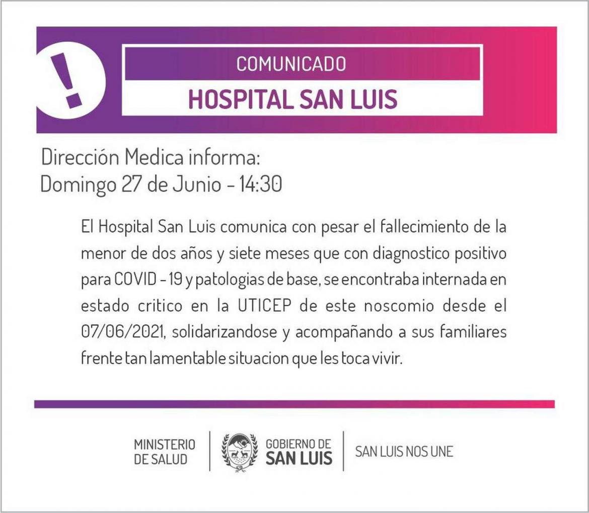 Comunicado de Hospital en San Luis por la muerte de la niña por coronavirus
