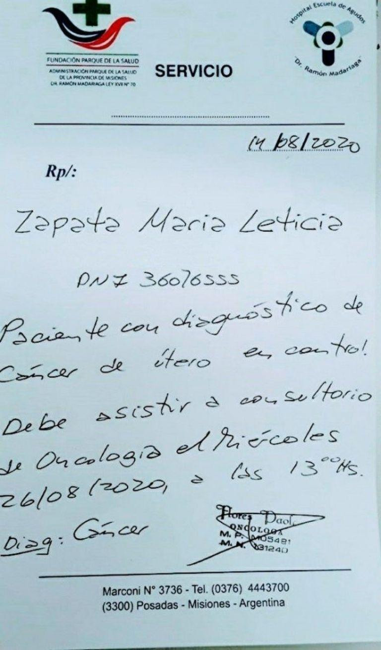 Receta para María Leticia Zapata, detenida por falsear tener cáncer