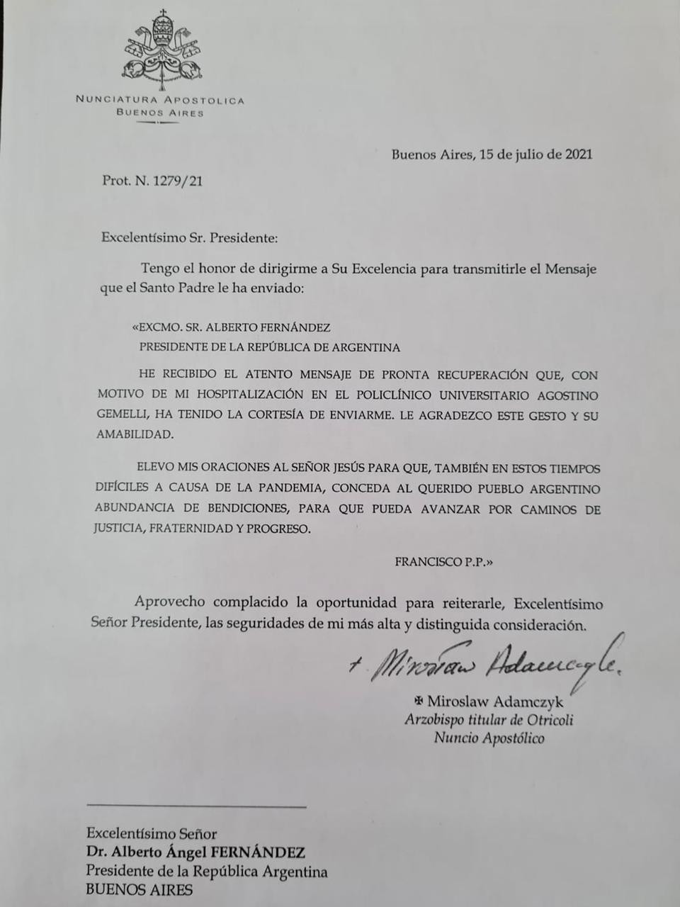 Carta del Papa Francisco a Alberto Fernández